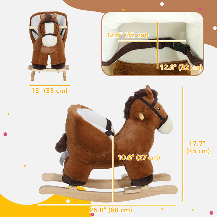 Qaba Baby Rocking Horse, Plush Animal Rocker For Toddlers Aged 18-36 Months, Stuffed Ride Toy With Sounds, Seat Belt, Brown