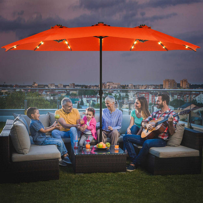Costway 15Ft Patio Double-Sided Solar LED Market Umbrella Crank Base Orange