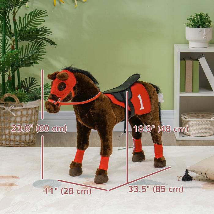 Qaba Standing Ride On Horse, Plush Pony Toy For Kids With Neighing Sound, Soft Padding, For Cowboy Cowgirl Aged 3-8 Years Old, Red