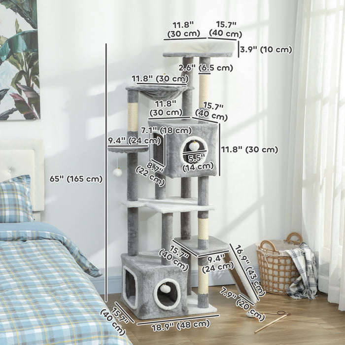 PawHut Cat Tree for Indoor Large Adult Cats, 65 Inch Kitty Tower Multi-Level with 2 Doors Condos, Plush Top Perch, Hammock, Sisal Scratching Posts, 4 Pompoms, Ramp, Grey