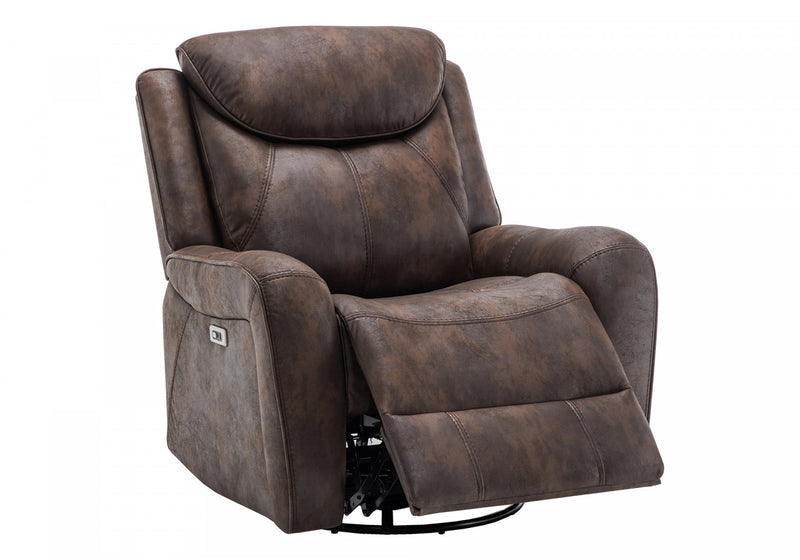 Power Reclining Chair, 37\" Wide, Glider, Swivel, Usb Ports Included, Brown Leather-Look Recliner