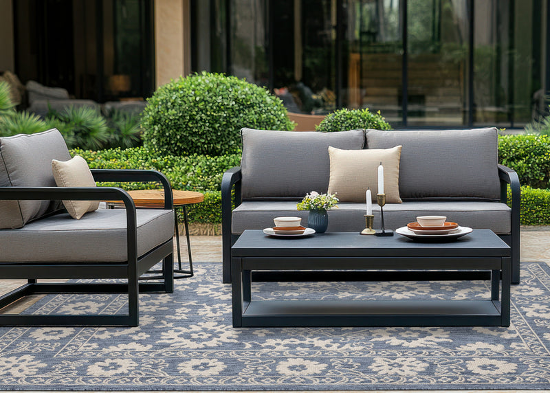 Cabana Blue White Elegant Border Outdoor Rug, 7'10\" x 10'6\" Outdoor Area Rug