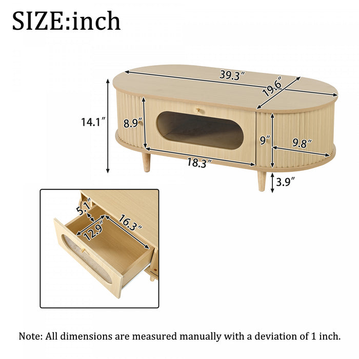 Grain 39.3 Inch Walnut Coffee Table with Roll-Up Door and Acrylic Drawer, Natural Walnut