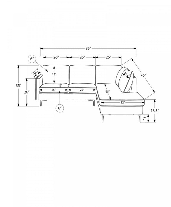 Upholstered Sofa Sectional, 86\" Wide, Black Fabric, Black Metal Legs Sectional