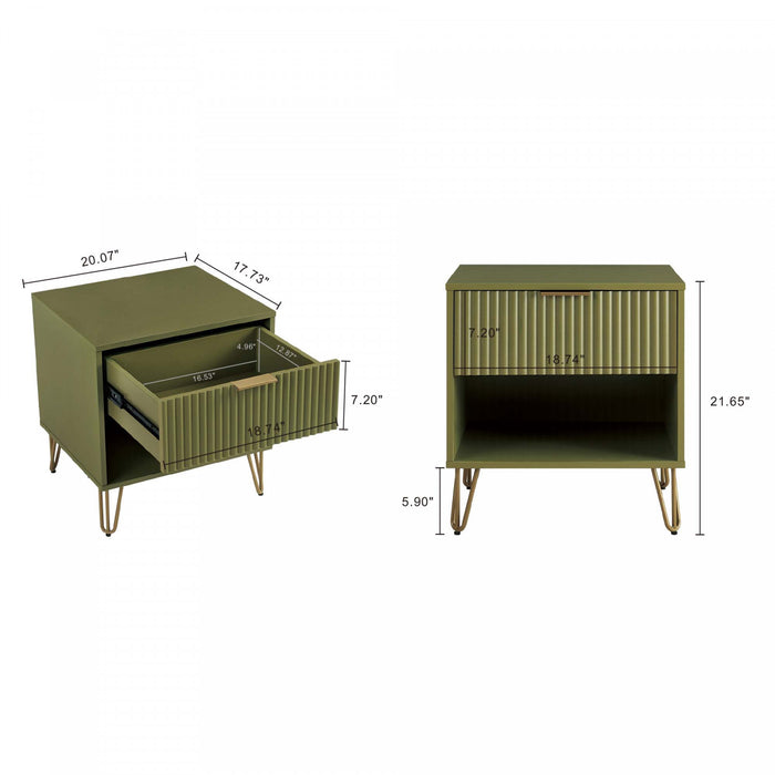 Dumbo Modern 20\" Fluted Nightstand in Olive Green (1-Drawer)
