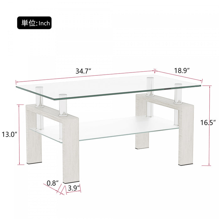 Lucius Modern Geometric Design Tempered Glass Coffee Tablewith Metal Frame and Clear Glass,White