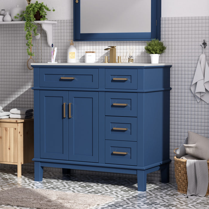Marshall 36 Inch Modern Bathroom Vanity with Ceramic Sink & Storage, Blue