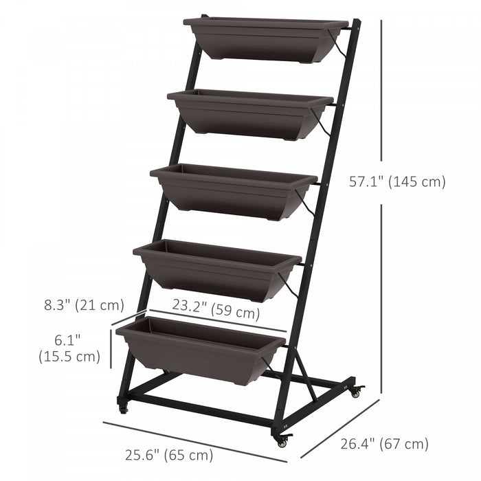 Outsunny 5-tier Vertical Raised Garden Bed With 5 Planter Boxes, Wheels, Outdoor Plant Stand Grow Container With Leaking Holes For Balcony Patio Outdoor, Brown