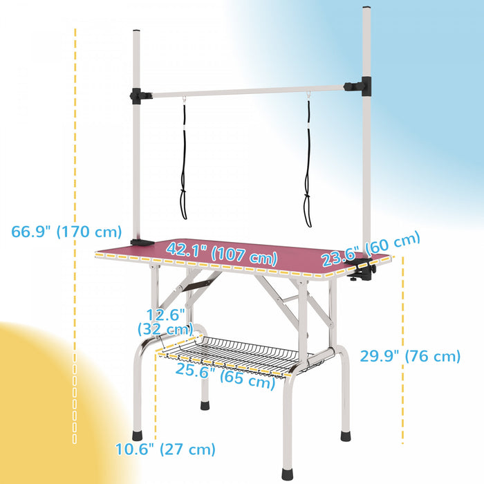Pawhut Adjustable Dog Grooming Table Rubber Top 2 Safety Slings Mesh Storage Basket Heavy Metal Pink 42.25\"x 23.5\" X 67\"