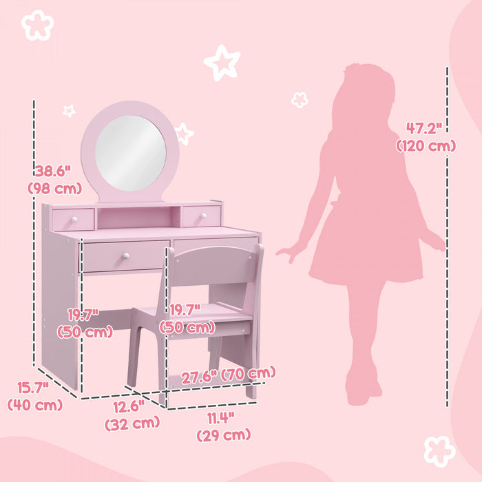 Qaba Kids Vanity Set, Children Dressing Table With Mirror, Kids Makeup Table With Stool And Storage Drawers, For Ages 3-8, Pink