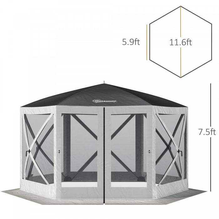 Outsunny 12' X 12' Hexagon Automatic Pop Up Screen Tents Camping Shelter Picnic Canopy Outdoor Sun Shade W/ Mesh Sidewalls And Carry Bag Grey