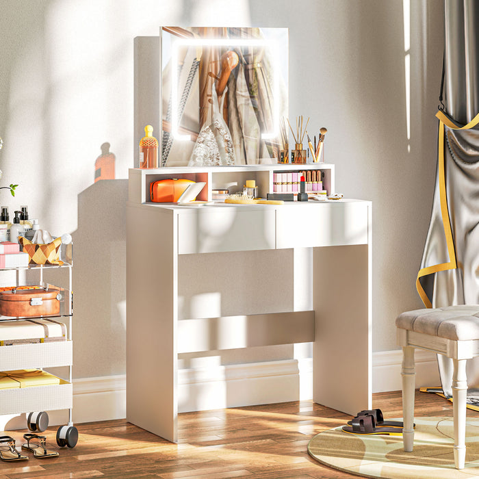 HOMCOM Makeup Vanity Desk with Mirror, 3 Colour LED Lights, Drawers, White