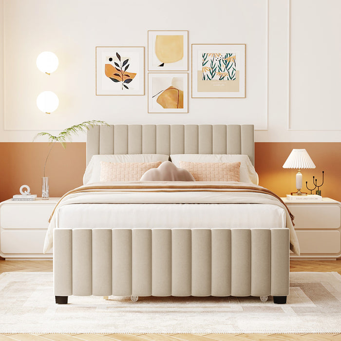 Ethan Space-Saving Velvet Upholstered Platform Bed with Trundle,Full Size,Beige Full Bed