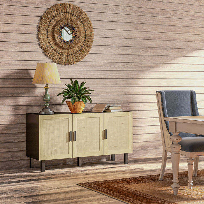 HOMCOM Boho Sideboard, Coffee Bar Cabinet with Rattan Doors, Black