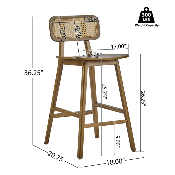 Bari Rubber Wood Counter Stool Set of 4 with Rattan Back and Footrest,Walnut