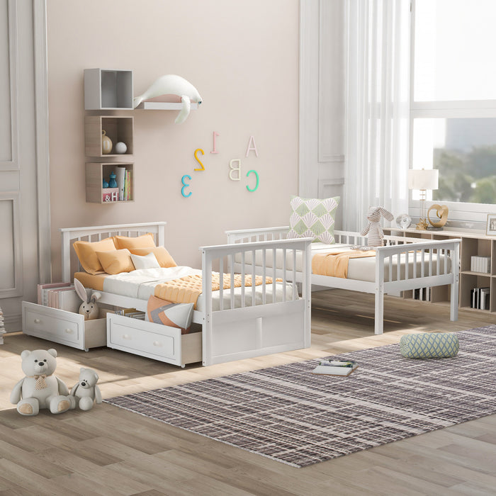 Elvis Solid Wood Convertible Bunk Bed With Drawers, Twin Size, White
