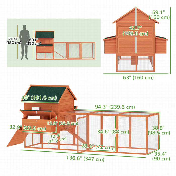 PawHut 137\"L Chicken Coop, Wooden Large Hen House with Chicken Run, Nesting Box, Poultry Cage for Outdoor, Backyard, Orange