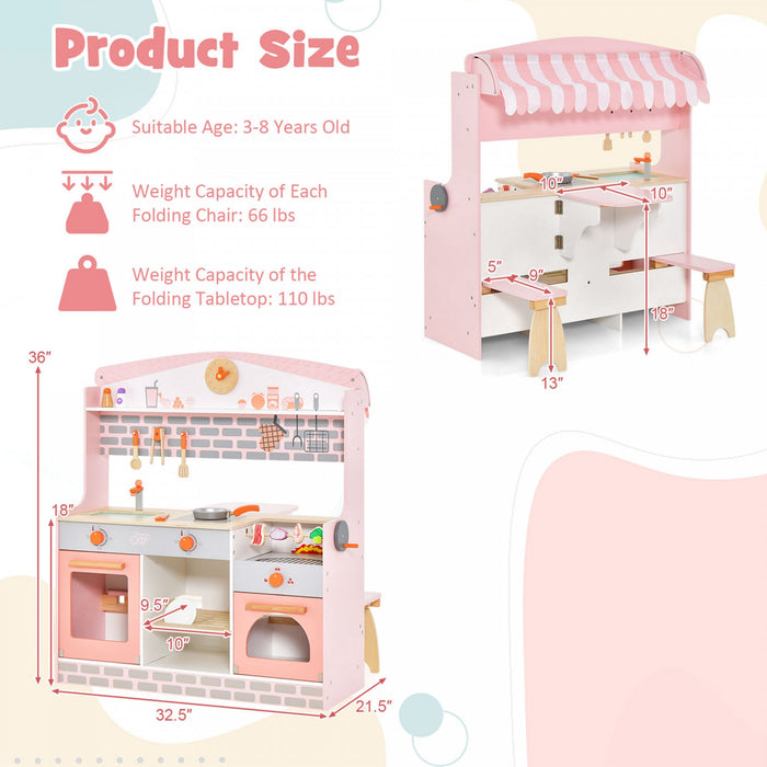 Costway 2 In 1 Kids Play Kitchen & Restaurant Double-sided Pretend Playset With Canopy