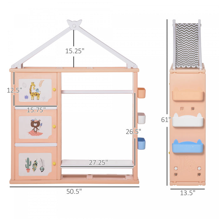 Qaba Kids Toy Organizer And Storage Book Shelf With Shelf, Storage Cabinet, Hanger, Storage Board, And Storage Basket, Orange