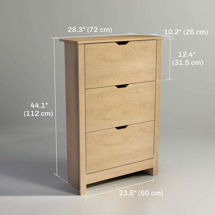 HOMCOM Narrow Shoe Cabinet with 3 Flip Drawers Adjustable Shelves, Natural