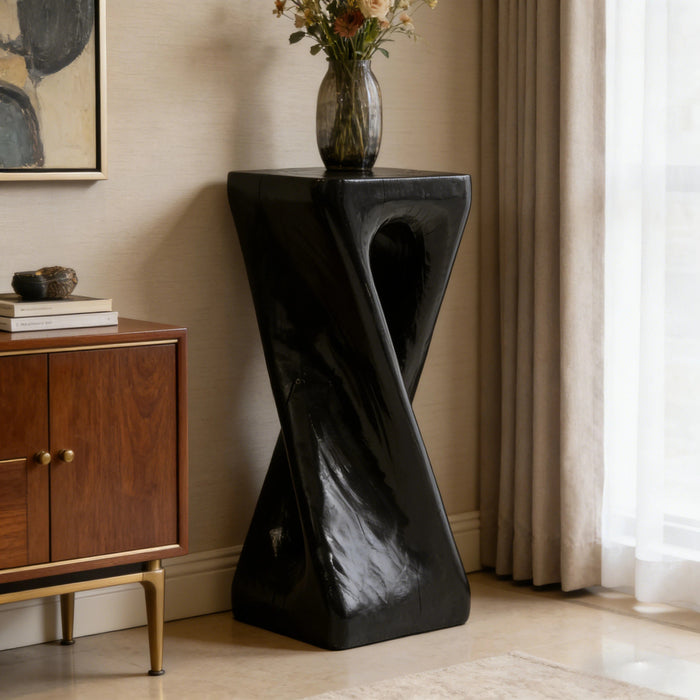 Cade 26.80\" Twisted Square MGO Accent Table, Unique Natural Wood Grain Indoor Side Table, Black