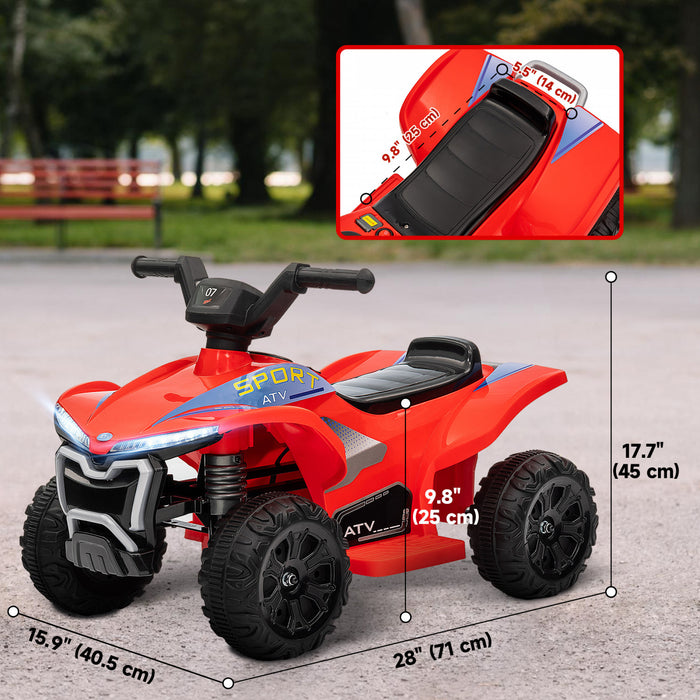 Qaba Kids Atv, 6v Battery Powered Ride-On Electric Vehicle With 1.6mph Max Speed, Headlights, Music, Forward/reverse Switch, 4 Wheeler Ride On Toy For 18-36 Months, Red