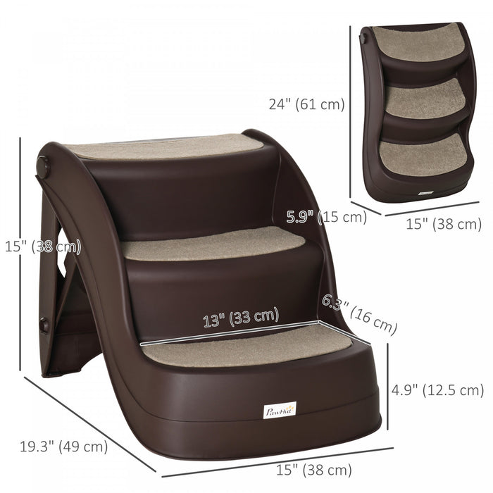 Pawhut Portable Pet Stairs Foldable Steps For Small Dogs And Cats 3-step With Non-slip Treads For Beds Sofas, Brown