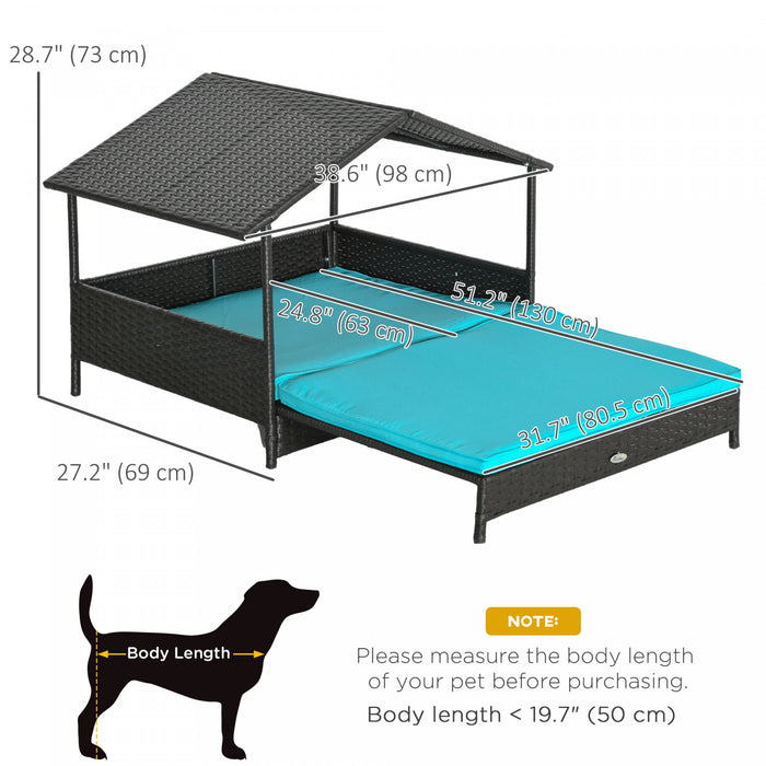 Pawhut Elevated Rattan Dog House Outdoor With Canopy, Extendable Wicker Dog Bed With Water-resistant Cushion, For Small And Medium Dogs Blue