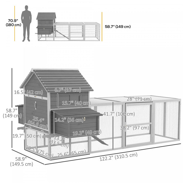 Pawhut Extra Large Chicken Coop, Wooden Chicken Run With Nesting Boxes, Run, Doors, Tray, Ramp For 4-6 Chickens, Rabbits, Ducks Outdoor Use, Grey
