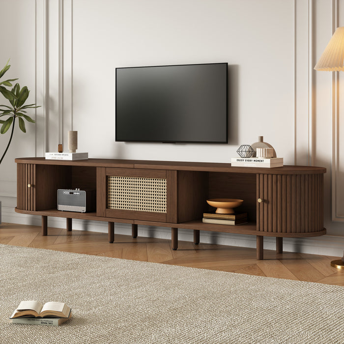 Lucas TV Stand Media Console with Rattan Drawer and Sliding Doors,Dark Oak