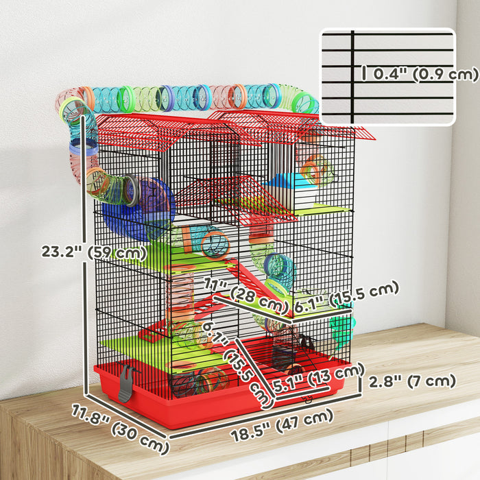 PawHut 18.5\"L Hamster Cage, 5 Tiers Small Animal House with Tunnel Tube System, Exercise Wheel, Water Bottle, Food Dish, Ramp, Red