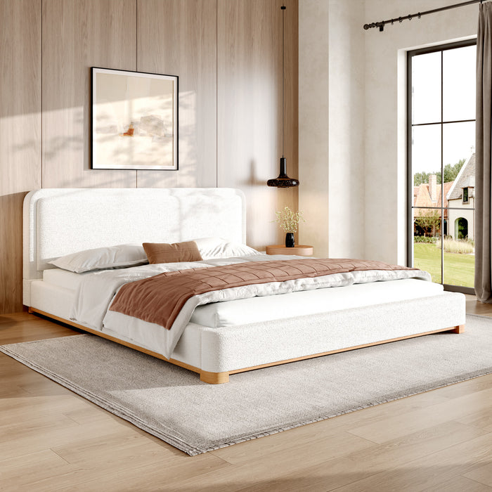 Ethan Low Profile Platform Bed Boucle with Upholstered Curved Headboard,King Size,White King Bed