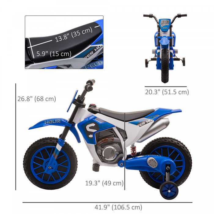 Aosom Kids Dirt Bike Battery Powered Ride-on Electric Motorcycle With Charging 12v Battery, Training Wheels Blue