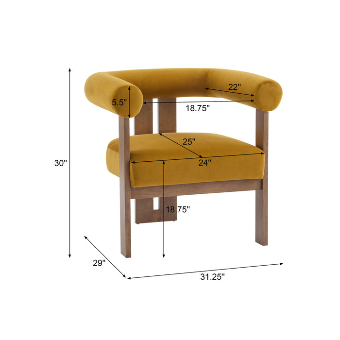 Crest Modern Upholstered Round Arm Accent Chair with Three-Leg Design, Mustard Yellow, Walnut