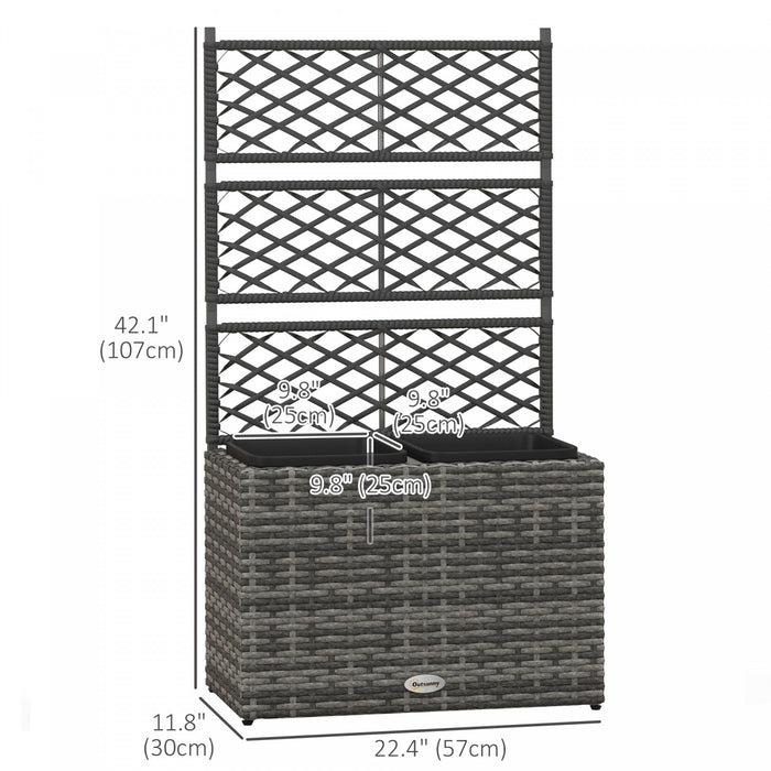 Outsunny 22l Raised Garden Box With Trellis, Pe Rattan Free Standing Flower Raised Garden Bed With Two Plant Boxes, Garden Planter Box For Climbing Plants, Mixed Grey