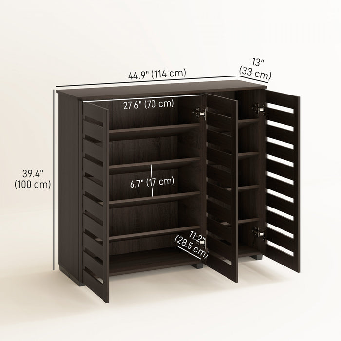 HOMCOM Narrow Shoe Cabinet for Entryway with 3 Slatted Doors, Dark Brown