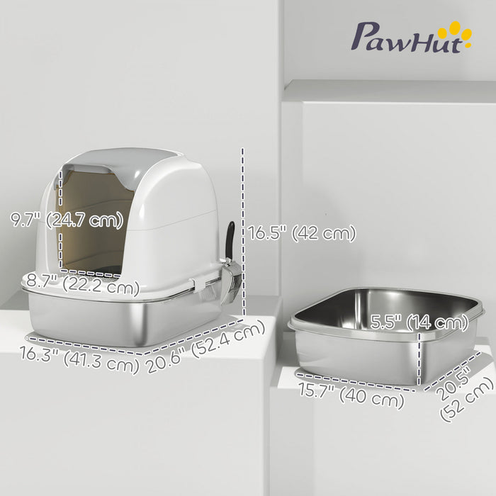 Pawhut Large Stainless Steel Litter Box With Lid, Large Enclosed Cat Litter Box For Cats With Flip Cover, High Sided, Scoop, Odor Free, Easy Cleaning, Anti-urine Leakage