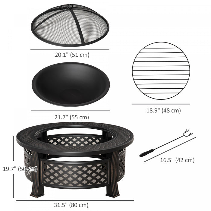 Outsunny Outdoor Fire Pit, Round Firepit With Grill Net, Mesh Lid, Bronze