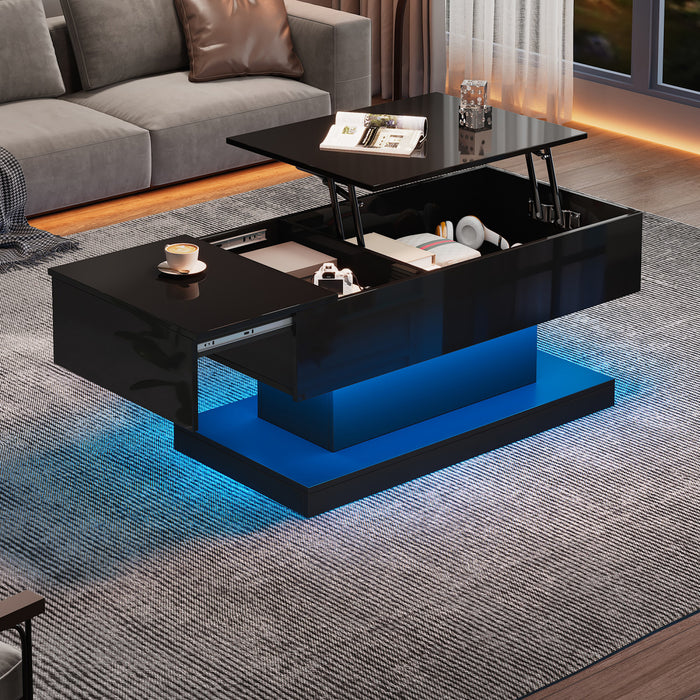 Ethan Lift-Top Coffee Table with LED Lighting and Sliding Extendable Top,Black