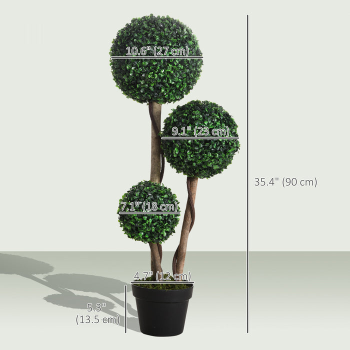 HOMCOM 35 Inch Artificial Boxwood Triple Ball Topiary Tree, Dark Green