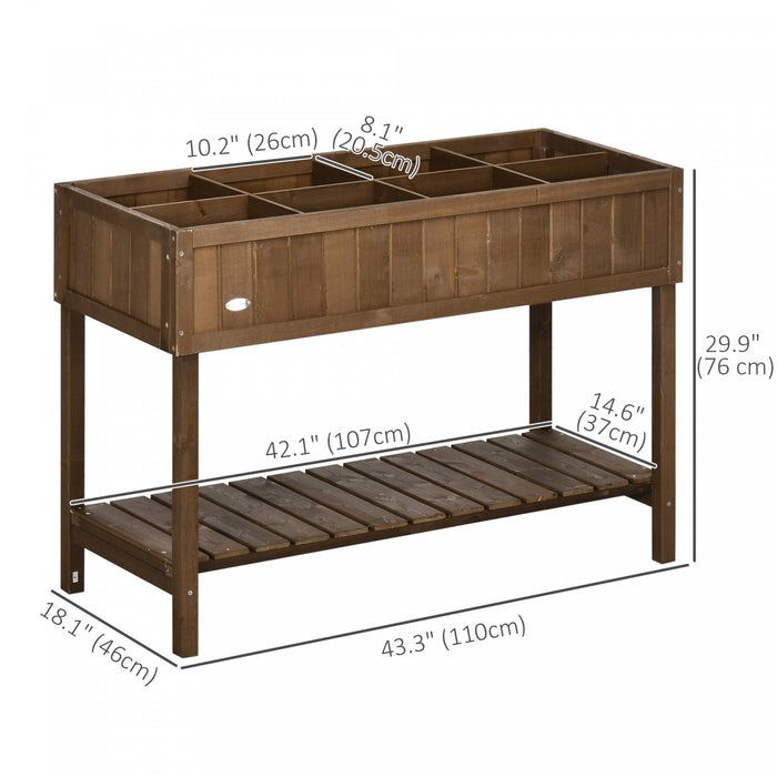 Outsunny 43.25\" X 18\" X 30\" Elevated Wooden Garden Plant Stand Outdoor Raised Flower Bed 8 Grid Box With Storage Shelf Yard Herb Planter Dark Brown