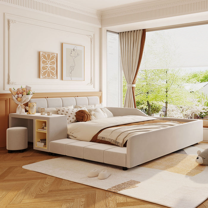 Lily Velvet Upholstered Grounded Bed with Desk and Stool,Queen Size,Beige Queen Bed