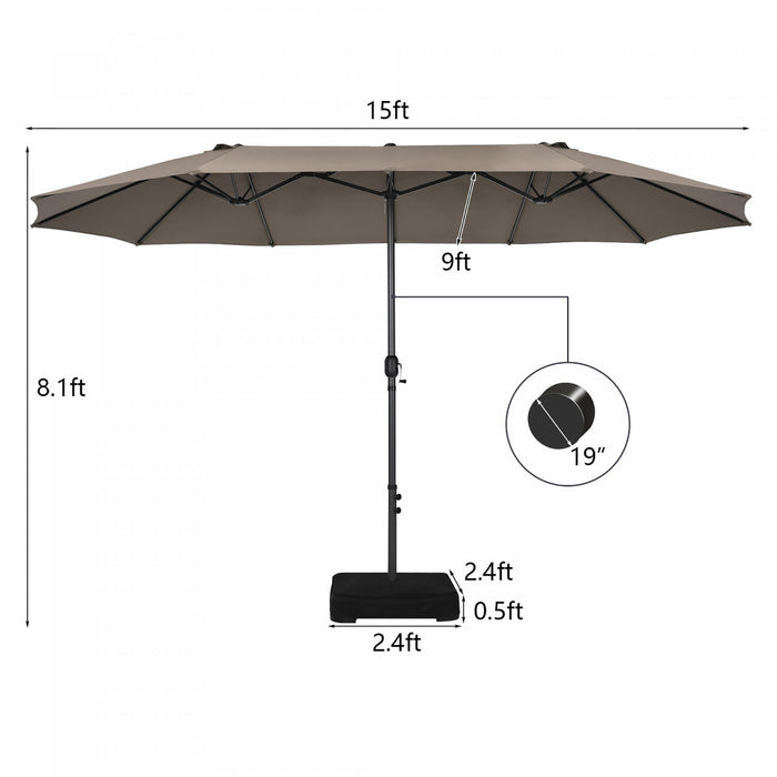 Costway 15FT Double-Sided Twin Patio Umbrella Sun Shade Outdoor Crank Market Base Coffee