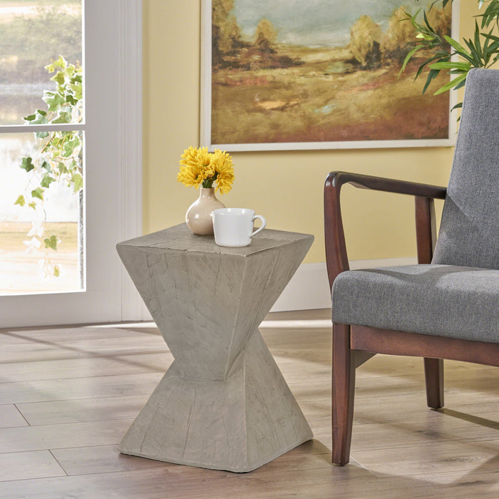 Zane 18\" MGO Geometric Twisted Accent Table, Unique Wood Grain Indoor Side Table, Grey