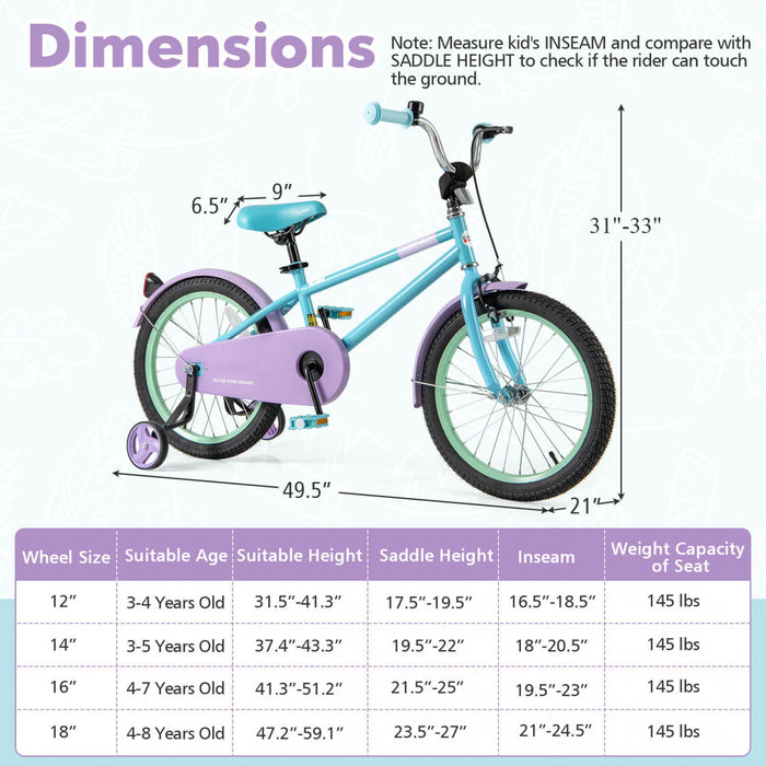 Costway 18\" Kids Bike With Adjustable Saddle Handlebar Removable Training Wheels Handbrake Blue