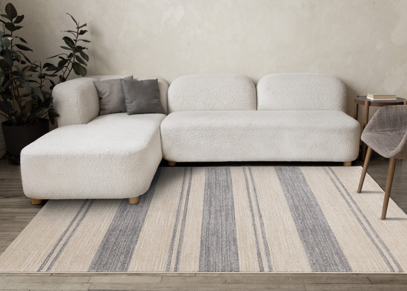 Covington Beige Grey Striped Design Rug, 6'7\" x 9'10\" Indoor Area Rug