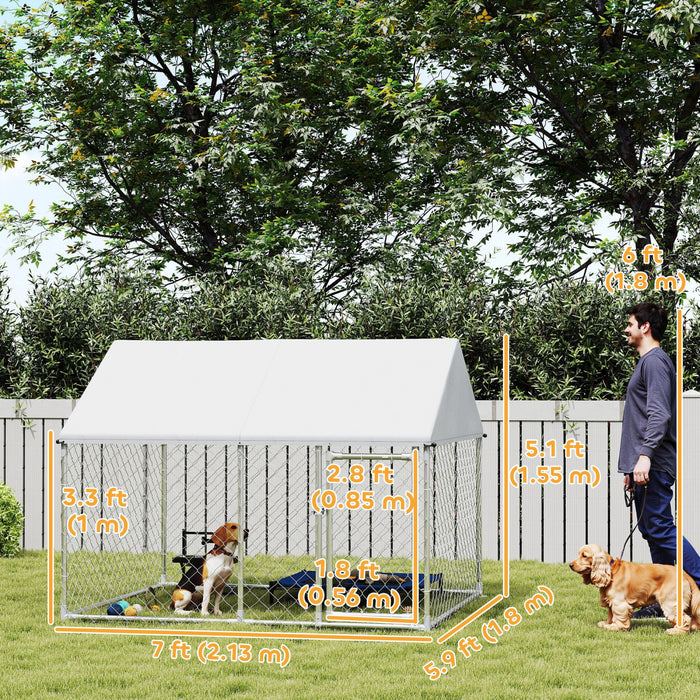 Pawhut Large Dog Kennel With Roof And Safety Lockable Latch, Heavy-duty Galvanized Steel Dog Run Chain Link W/ Waterproof Uv-resistant Cover, 7' X 5.9' X 5.1'