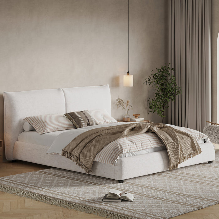 Mason Linen Blend Upholstered Platform Bed Pillow-Back Headboard,King Size,White King Bed