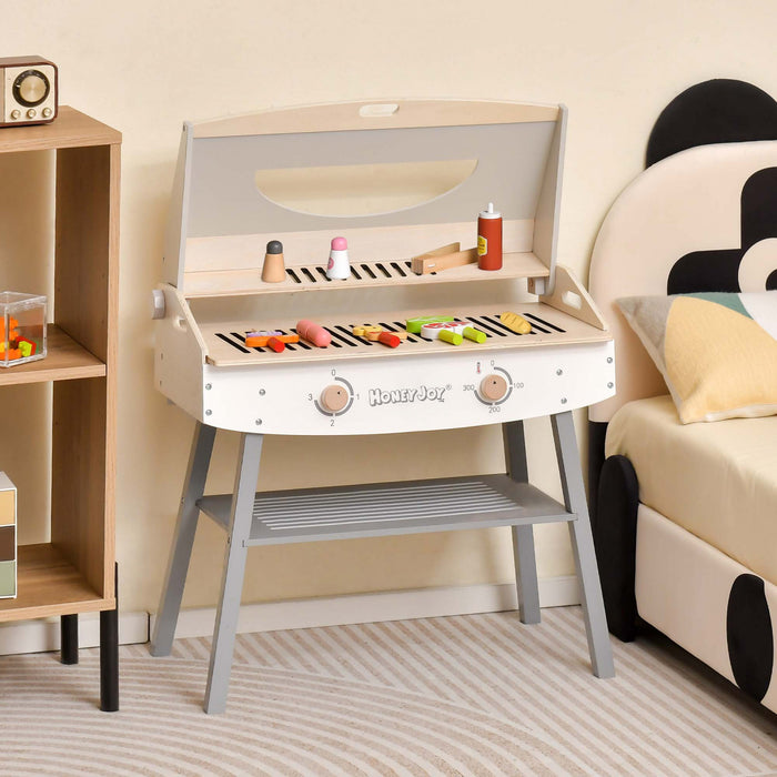 Costway Kids Barbecue Grill Playset, Wooden Kitchen Playset With Clip 4 Bbq Poles