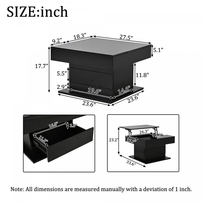 Aspire 27.5 Inch Square Rotating Lift-Top Coffee Table with High-Gloss Finish and Hidden Storage, Black
